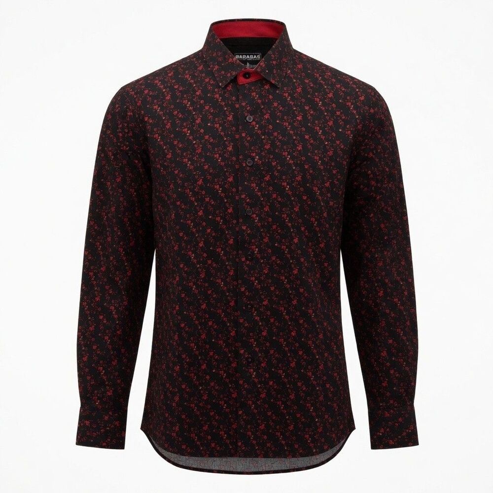 Barabas Mens L Black Red Floral Print Long Sleeve Button Up Shirt Contrast Cuffs